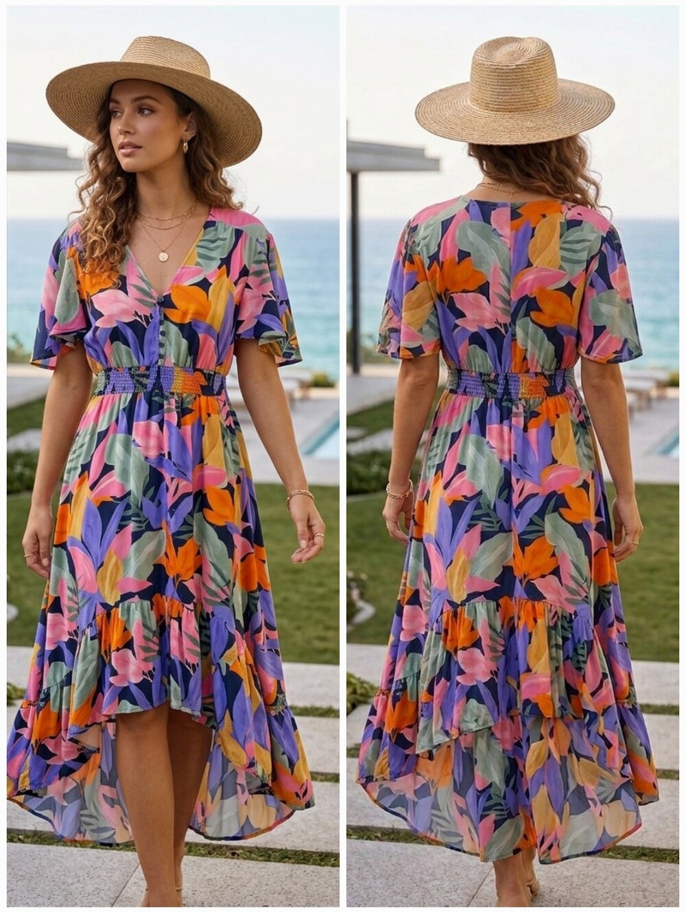 Abel The Label M Abstract Tropical Floral Smock Midi Dress Bohemian Resortwear